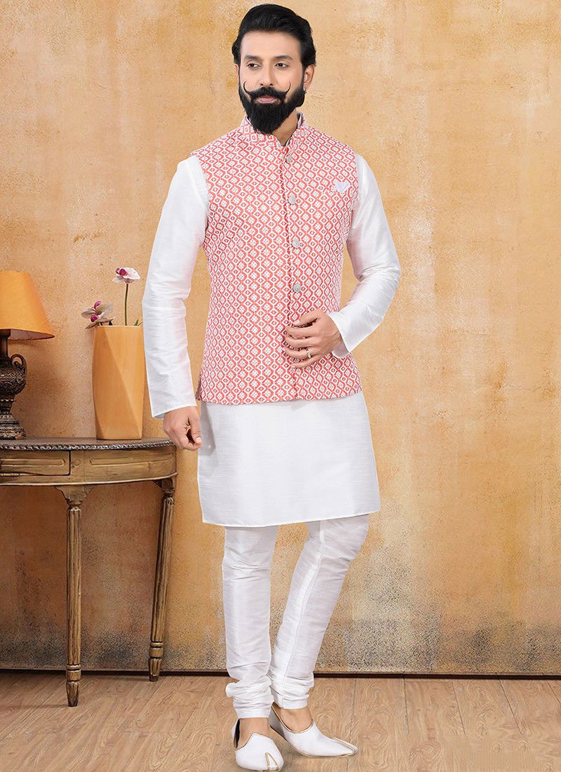 Peach Orange Colour Designer Wedding Wear Kurta Pajama With Jacket Collection 1340